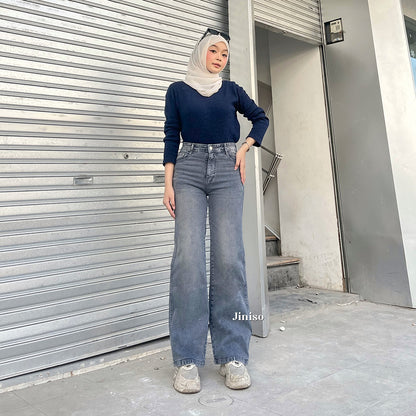 JINISO - Celana Jeans Highwaist Loose Stretch Regular dan Petite Wanita