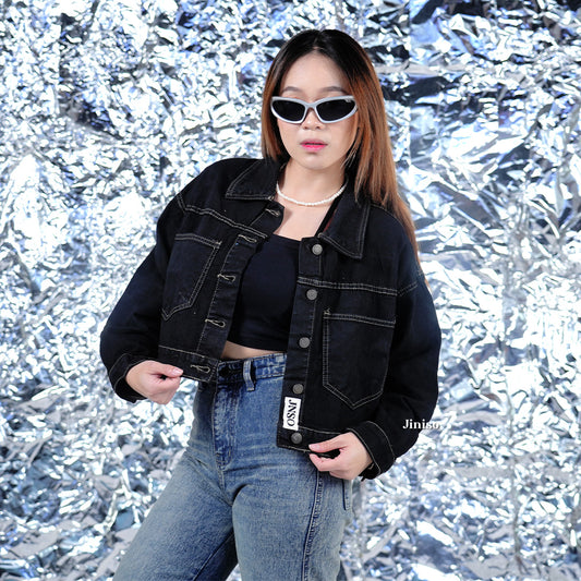 JINISO Jaket Crop Jeans Oversize Cozy Black Oreo Gold