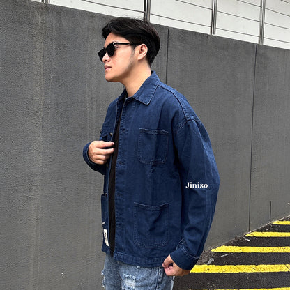 JINISO Pria Jaket Denim Jeans Oversize WorkWear Blue Black