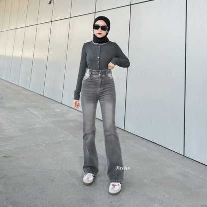 JINISO - Celana Jeans Highwaist Cutbray Regular dan Petite Wanita