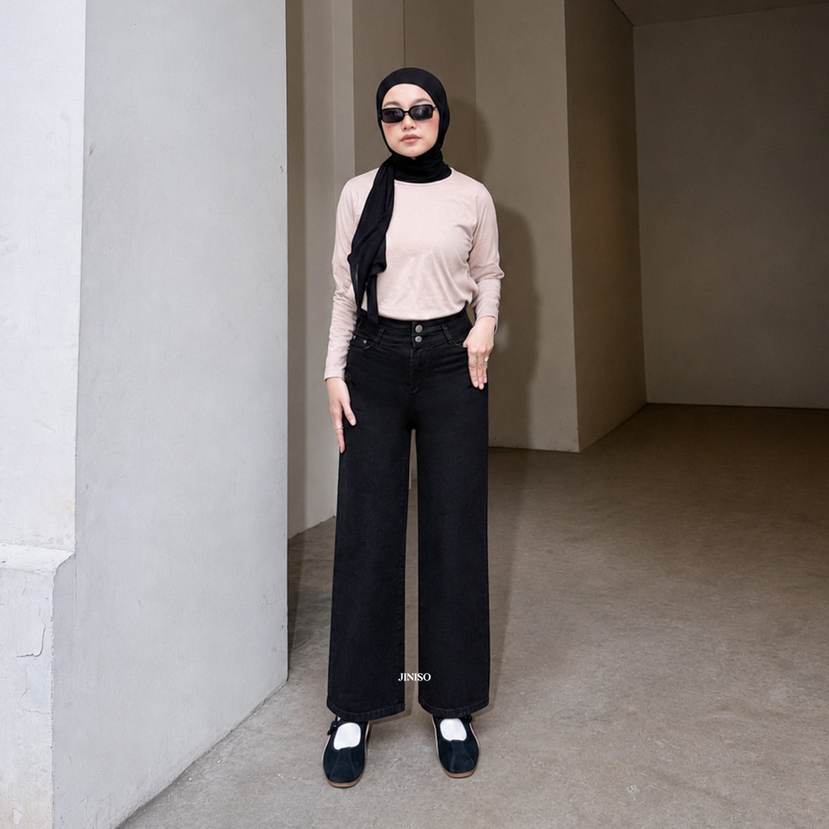 JINISO - Celana Jeans Highwaist Loose Stretch Regular dan Petite Wanita