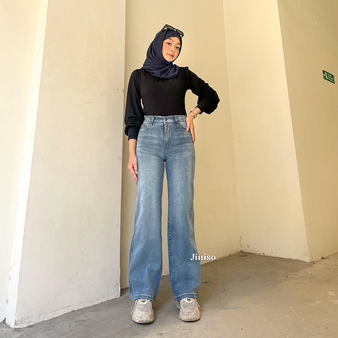 JINISO - Celana Jeans Highwaist Loose Stretch Regular dan Petite Wanita
