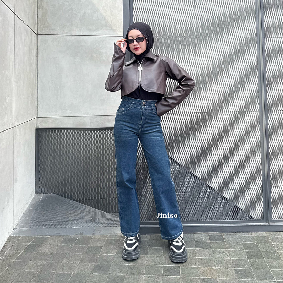 JINISO - Celana Jeans Highwaist Loose Stretch Regular dan Petite Wanita