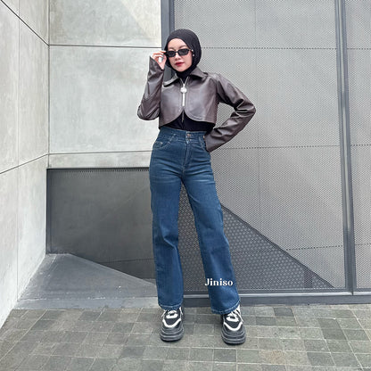 JINISO - Celana Jeans Highwaist Loose Stretch Regular dan Petite Wanita