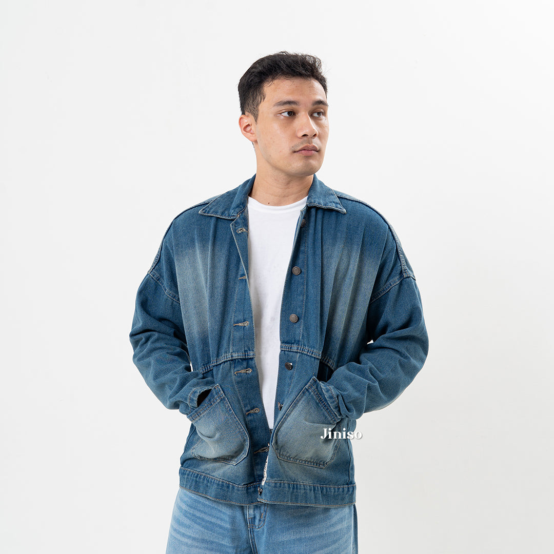 JINISO Pria Jaket Jeans Oversize Onyx Bio Spray