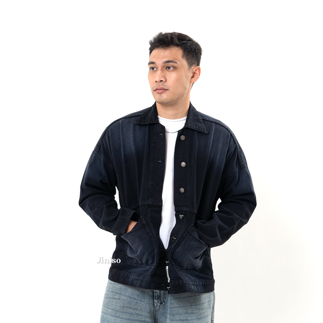 JINISO Pria Jaket Jeans Oversize Onyx Black Spray