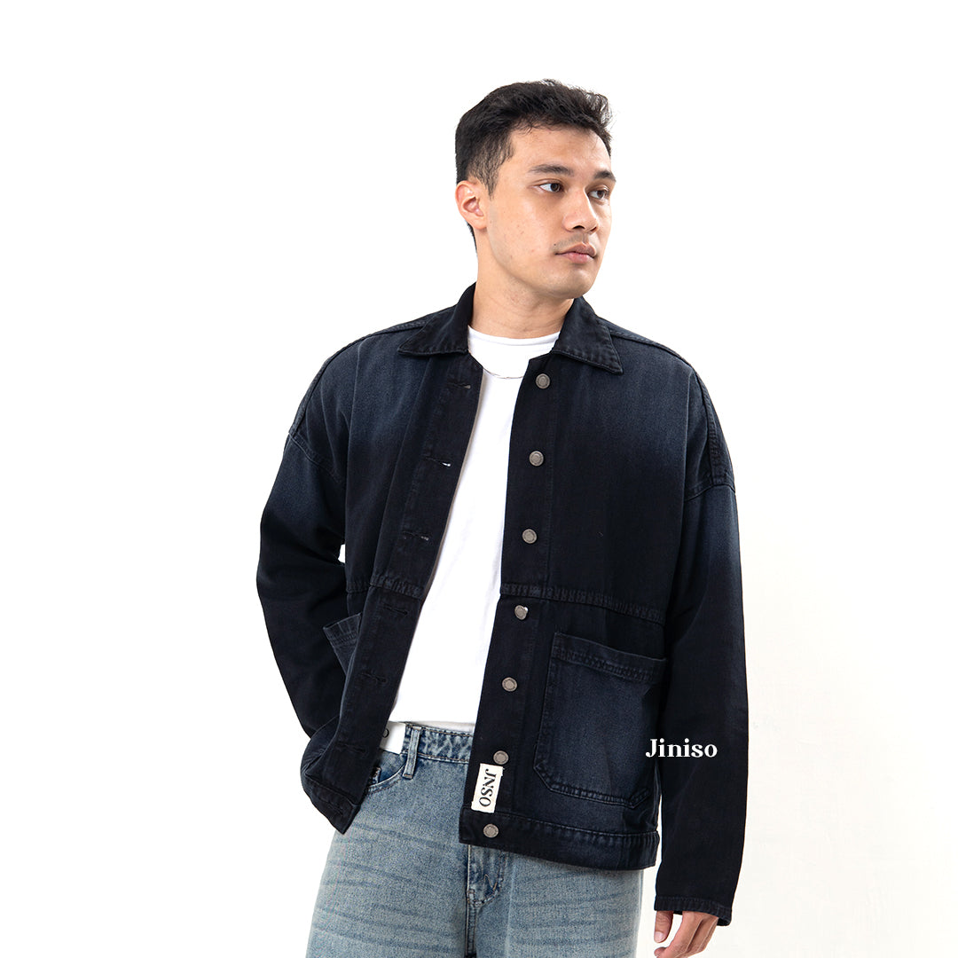 JINISO Pria Jaket Jeans Oversize Onyx Black Spray