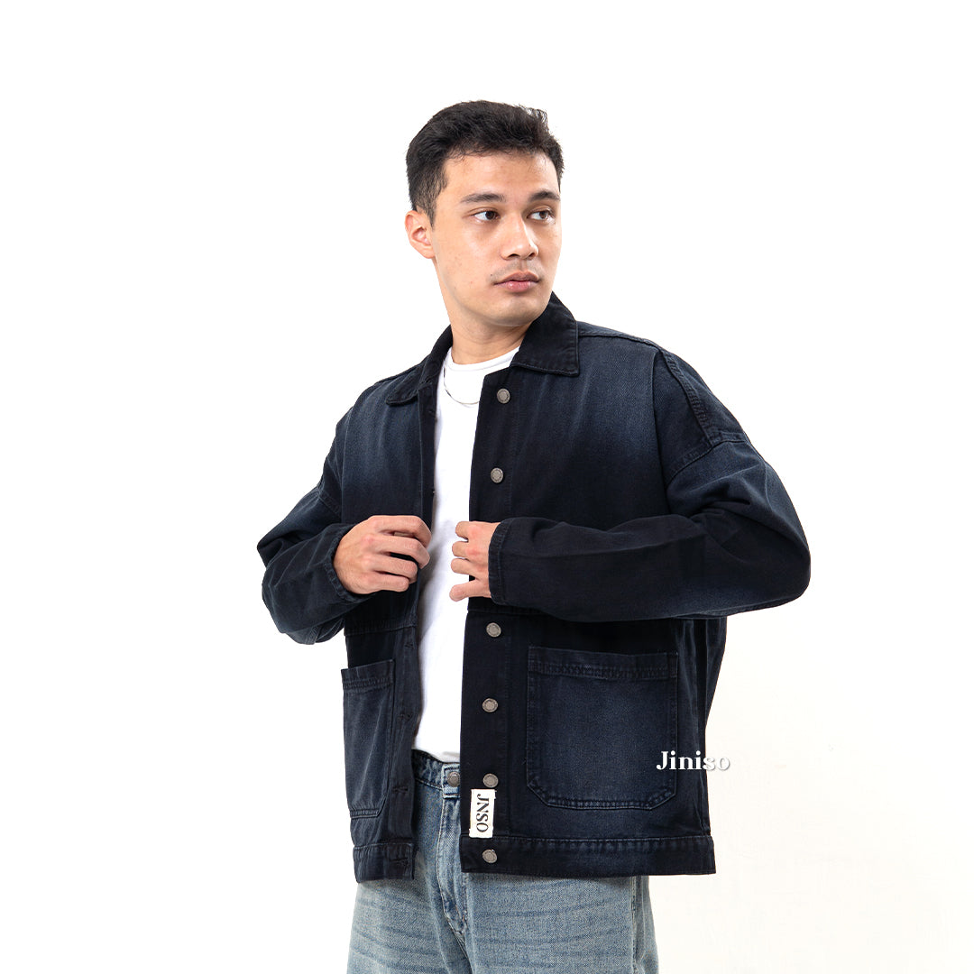 JINISO Pria Jaket Jeans Oversize Onyx Black Spray