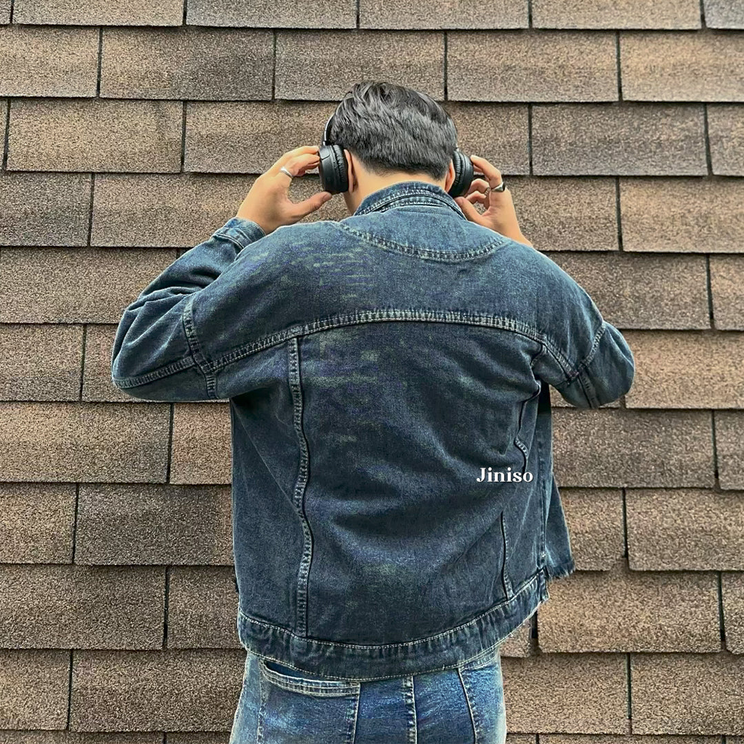 JINISO Pria Jaket Jeans Oversize Raw Trucker Black Acid