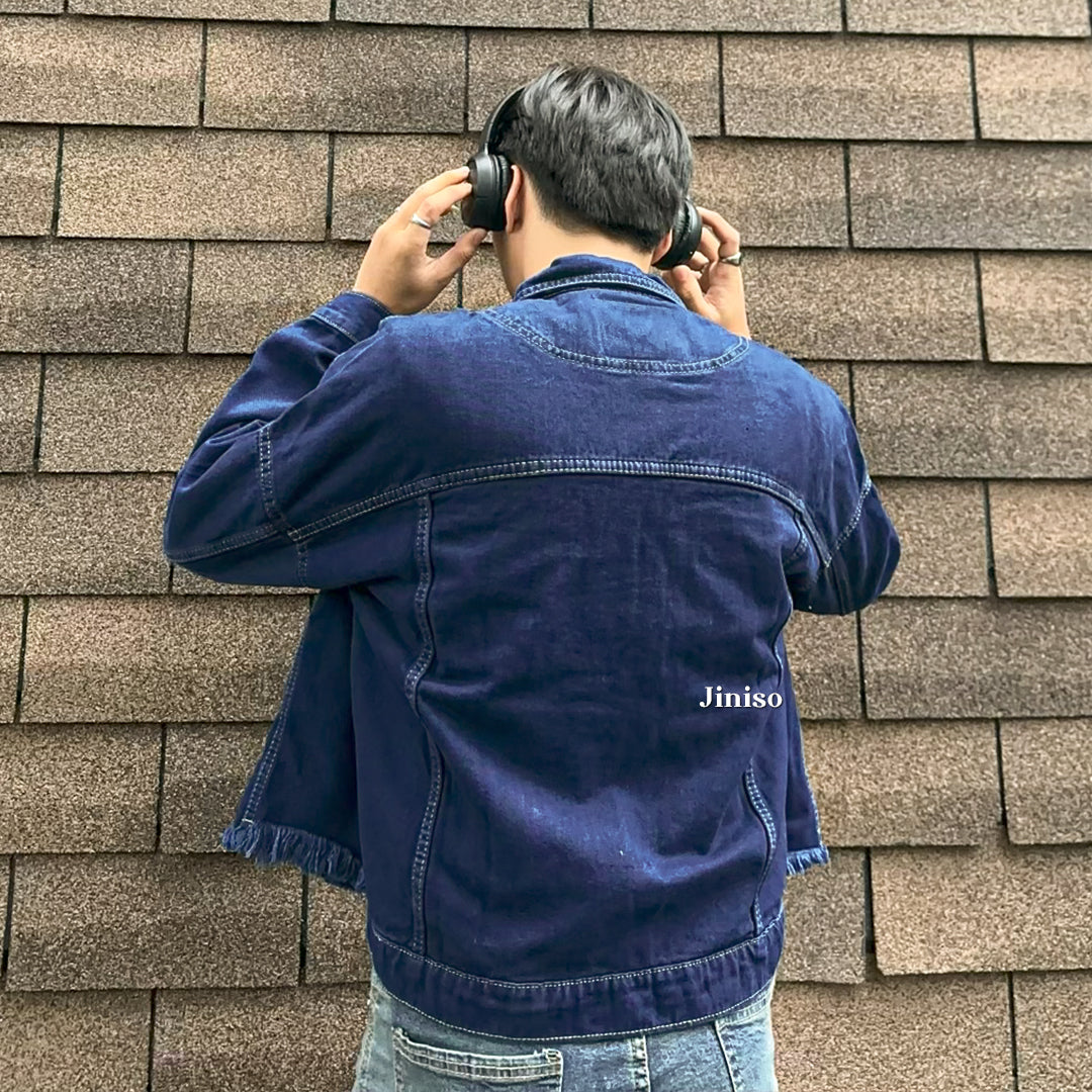 JINISO Pria Jaket Jeans Oversize Raw Trucker Blue Black