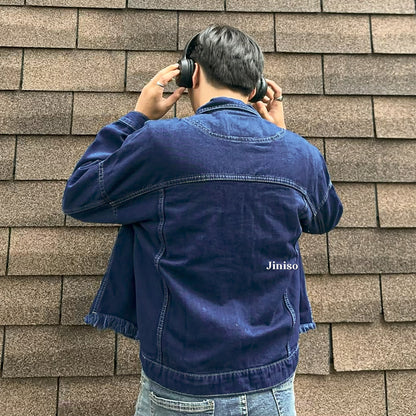 JINISO Pria Jaket Jeans Oversize Raw Trucker Blue Black