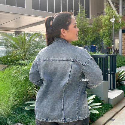 JINISO Big Size Jaket Denim Jeans Oversize WorkWear Blue Washed