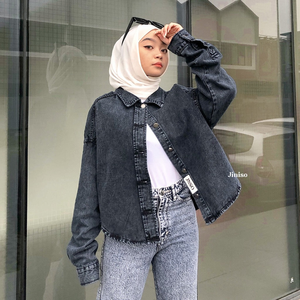 JINISO Jaket Crop Jeans Oversize Belle Basic Black Acid