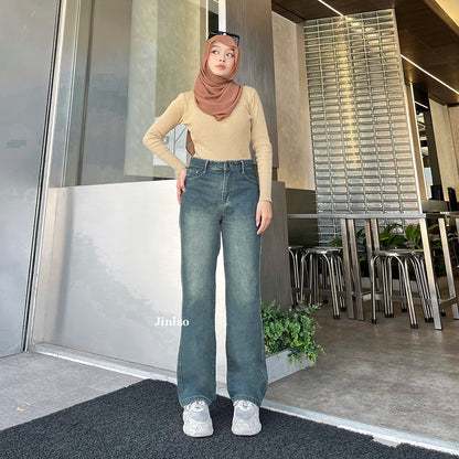JINISO - Celana Jeans Highwaist Loose Regular dan Petite Wanita