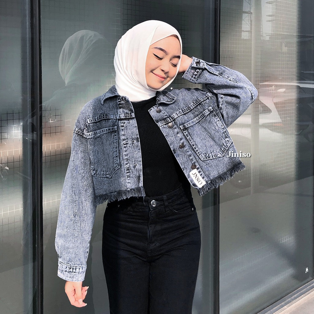 JINISO Jaket Crop Jeans Pocket Raw Snow Grey