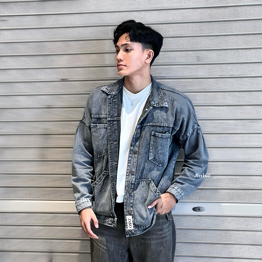 JINISO Jaket Jeans Oversize Pocket Atlas Snow Grey