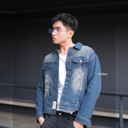 JINISO Pria Jaket Jeans Oversize Vintage Blue Wash