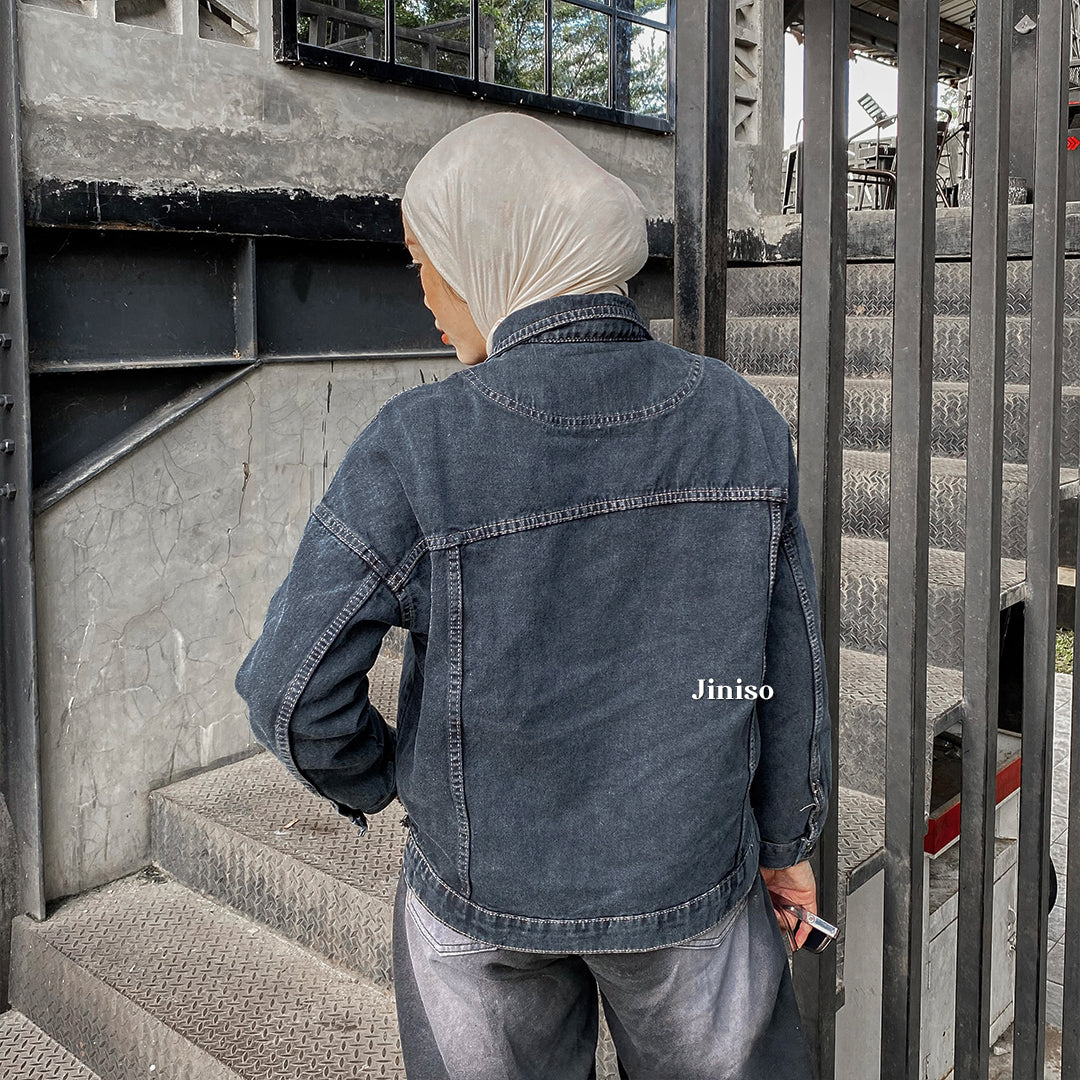 JINISO Jaket Jeans Oversize Raw Trucker Black Acid