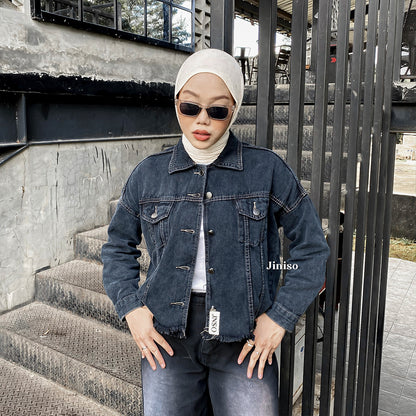 JINISO Jaket Jeans Oversize Raw Trucker Black Acid