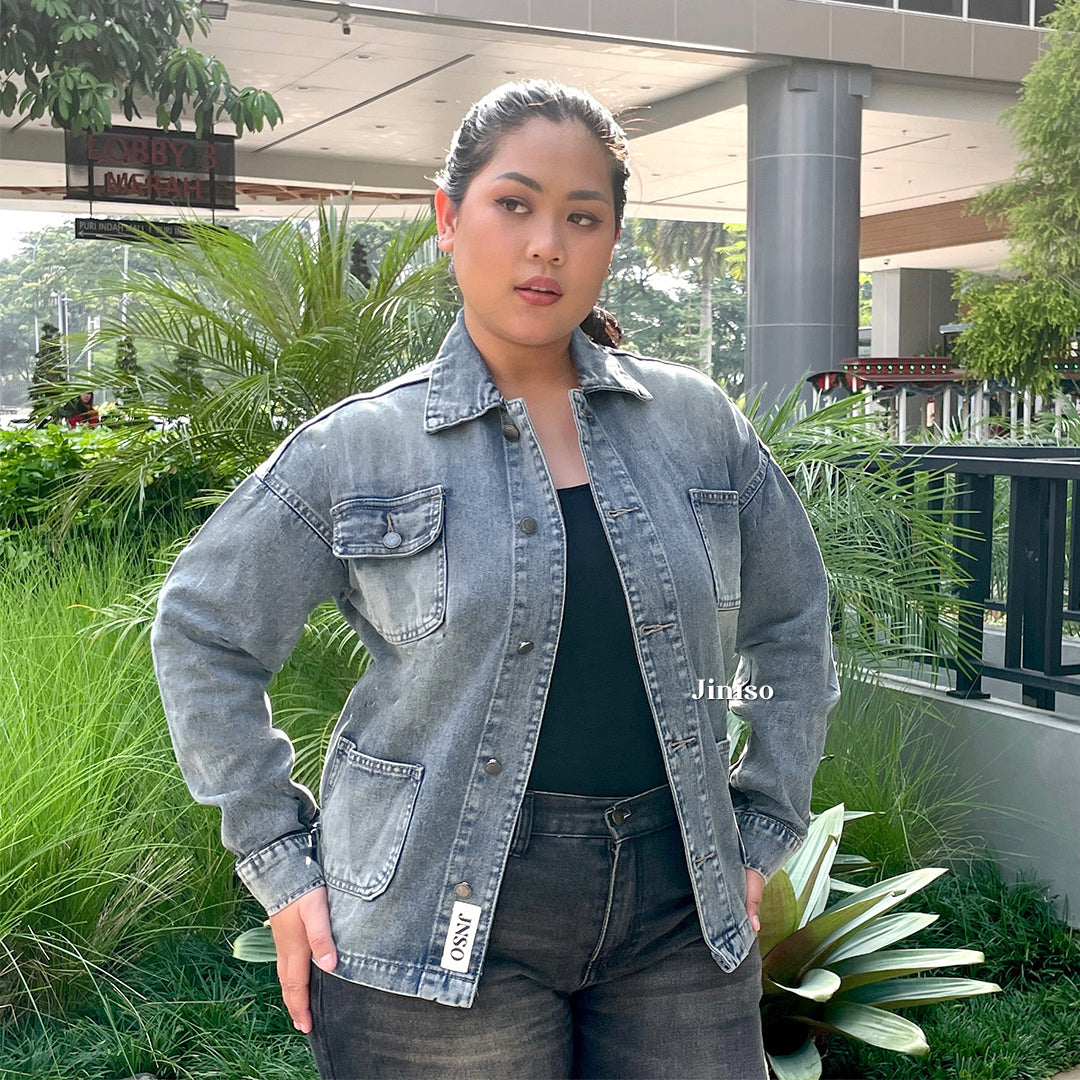 JINISO Big Size Jaket Denim Jeans Oversize WorkWear Blue Washed