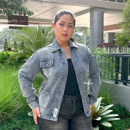 JINISO Big Size Jaket Denim Jeans Oversize WorkWear Blue Washed