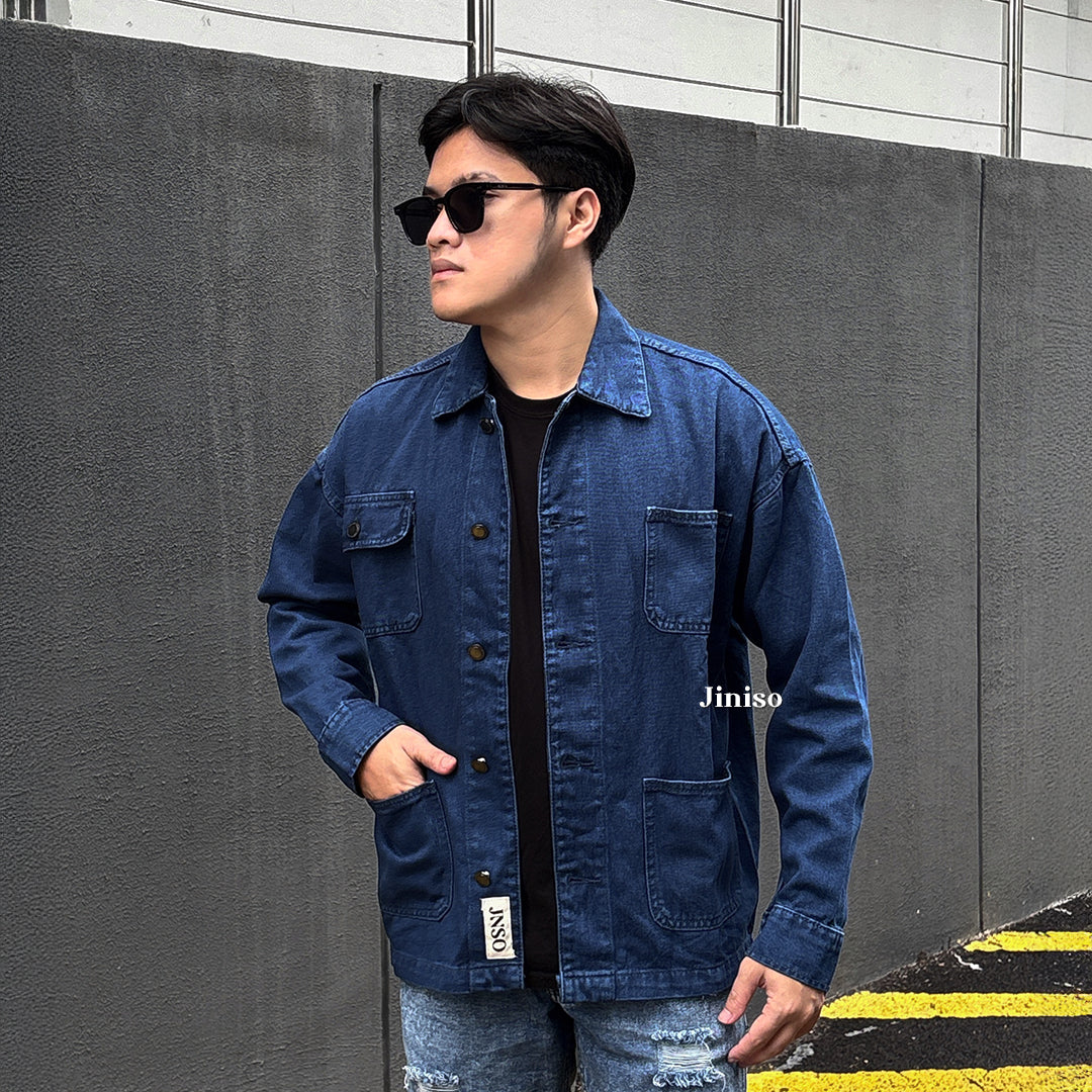 JINISO Pria Jaket Denim Jeans Oversize WorkWear Blue Black