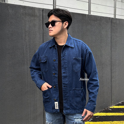 JINISO Pria Jaket Denim Jeans Oversize WorkWear Blue Black