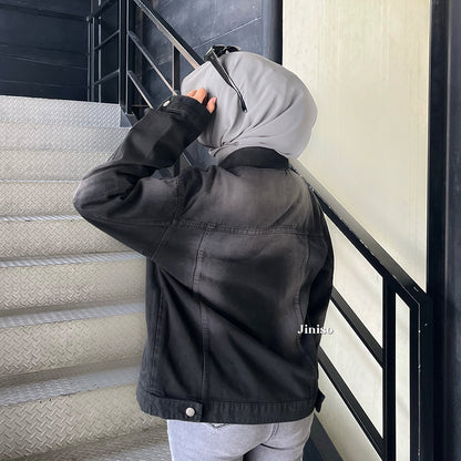 JINISO Jaket Jeans Oversize Vintage Black Wash