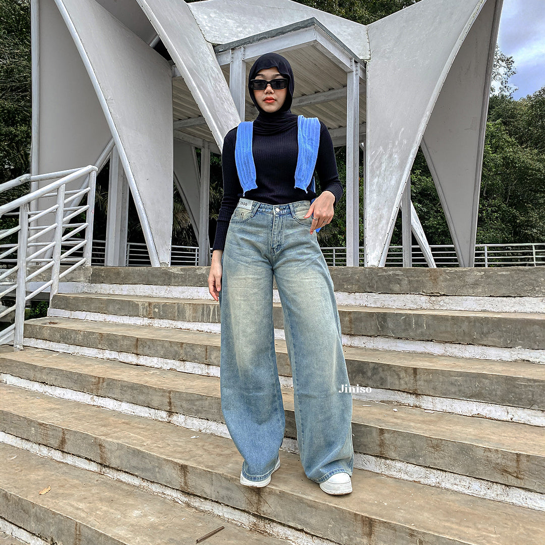 JINISO - Celana Jeans Highwaist Baggy Oversize Regular dan Panjang Wanita
