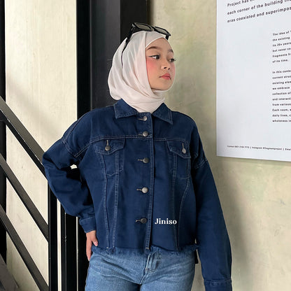 JINISO Jaket Jeans Oversize Raw Trucker Blue Black