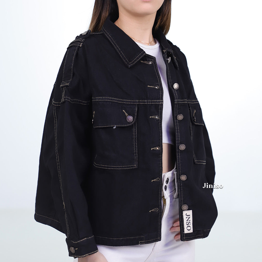 JINISO Jaket Crop Jeans Oversize Pocket Black Oreo Gold