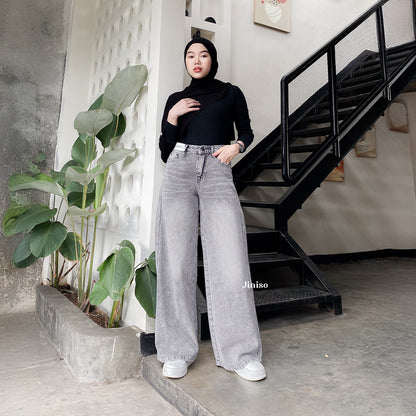 JINISO - Celana Jeans Highwaist Baggy Oversize Regular dan Panjang Wanita