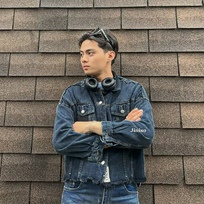 JINISO Pria Jaket Jeans Oversize Raw Trucker Black Acid