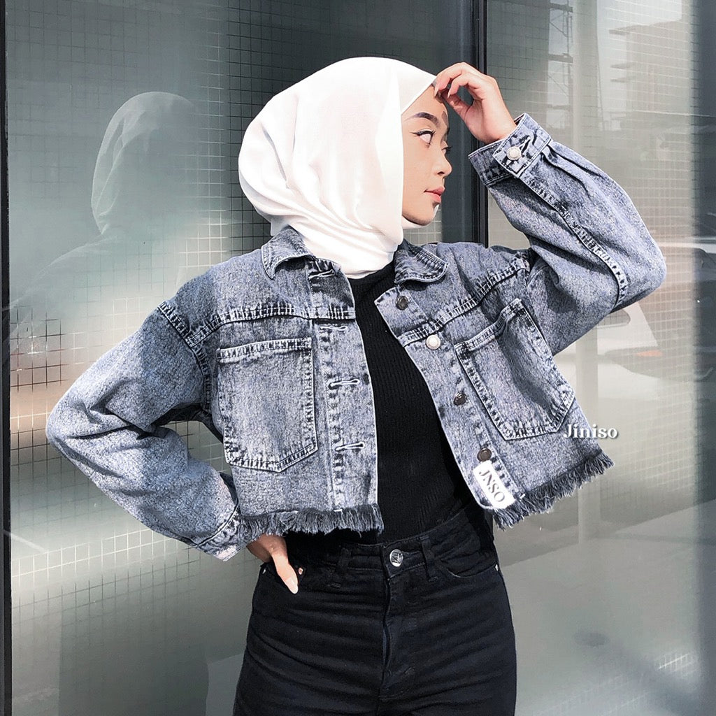 JINISO Jaket Crop Jeans Pocket Raw Snow Grey