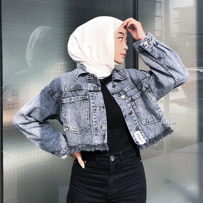 JINISO Jaket Crop Jeans Pocket Raw Snow Grey