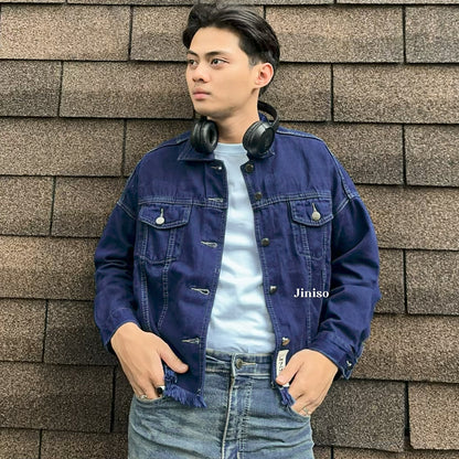 JINISO Pria Jaket Jeans Oversize Raw Trucker Blue Black