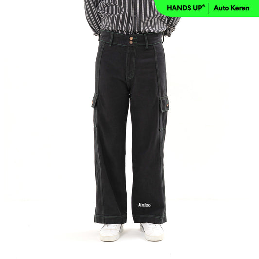 JINISO Loose Cargo Denim Jeans Pria Black Army 403