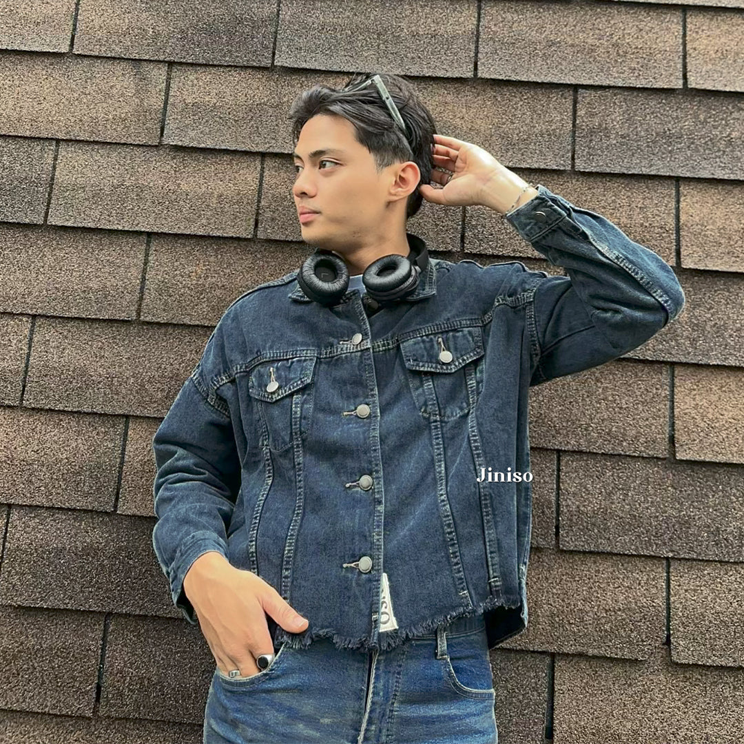 JINISO Pria Jaket Jeans Oversize Raw Trucker Black Acid