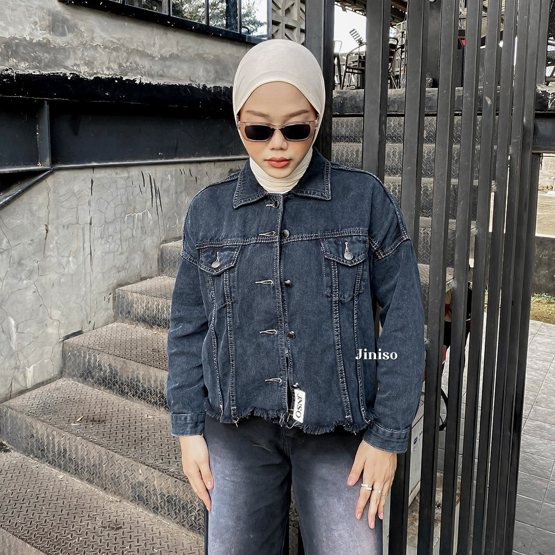 JINISO Jaket Jeans Oversize Raw Trucker Black Acid