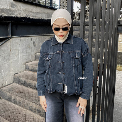 JINISO Jaket Jeans Oversize Raw Trucker Black Acid