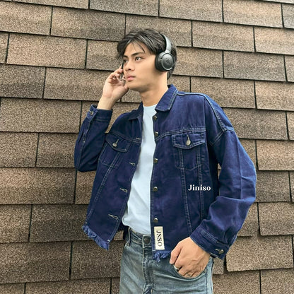 JINISO Pria Jaket Jeans Oversize Raw Trucker Blue Black