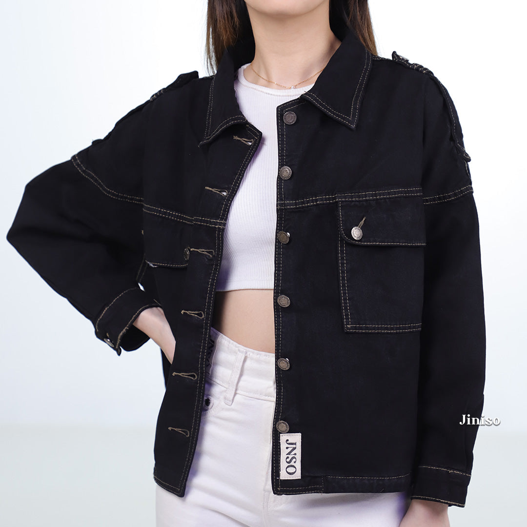 JINISO Jaket Crop Jeans Oversize Pocket Black Oreo Gold