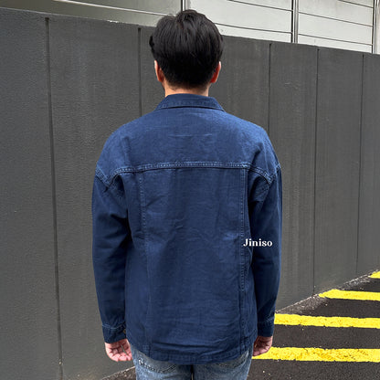 JINISO Pria Jaket Denim Jeans Oversize WorkWear Blue Black