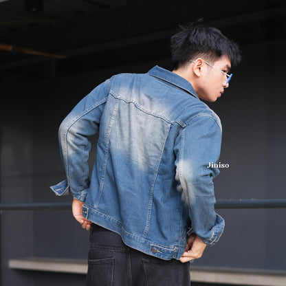 JINISO Pria Jaket Jeans Oversize Vintage Blue Wash