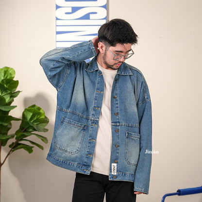 JINISO Pria Jaket Jeans Oversize Onyx Bio Spray