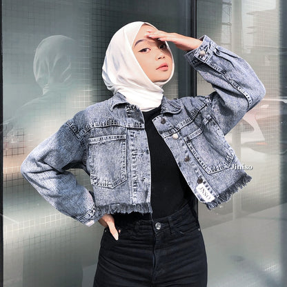 JINISO Jaket Crop Jeans Pocket Raw Snow Grey