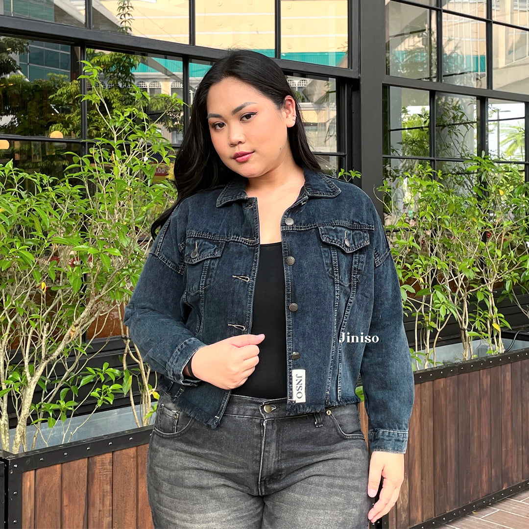 JINISO Big Size Jaket Jeans Oversize Raw Trucker Black Acid