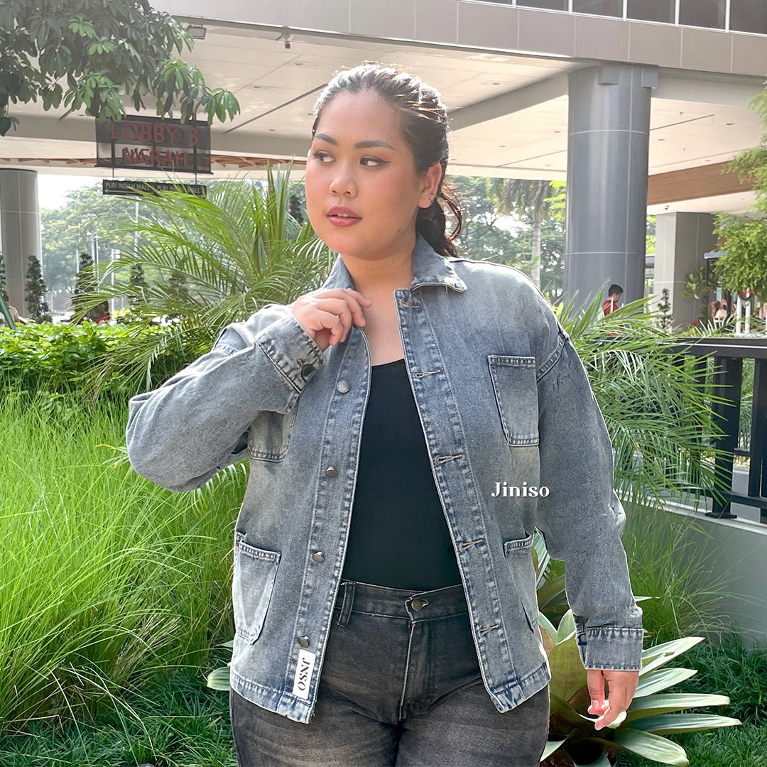 JINISO Big Size Jaket Denim Jeans Oversize WorkWear Blue Washed