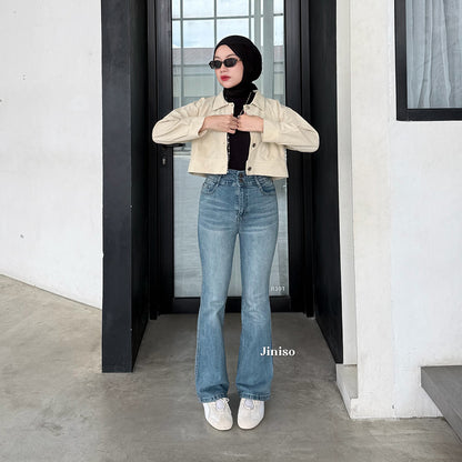 JINISO - Celana Jeans Highwaist Cutbray Regular dan Petite Wanita
