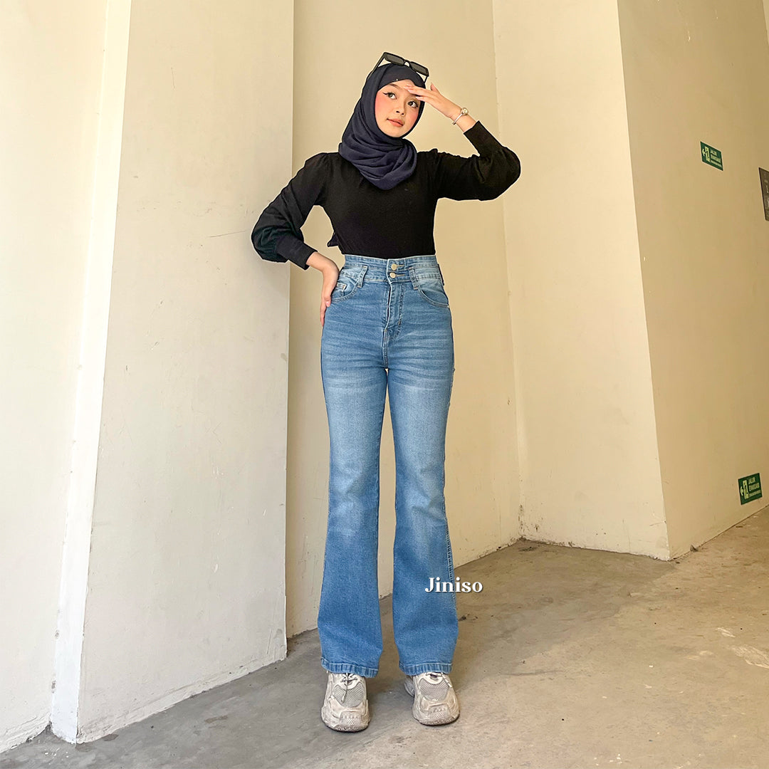 JINISO - Celana Jeans Highwaist Cutbray Regular dan Petite Wanita